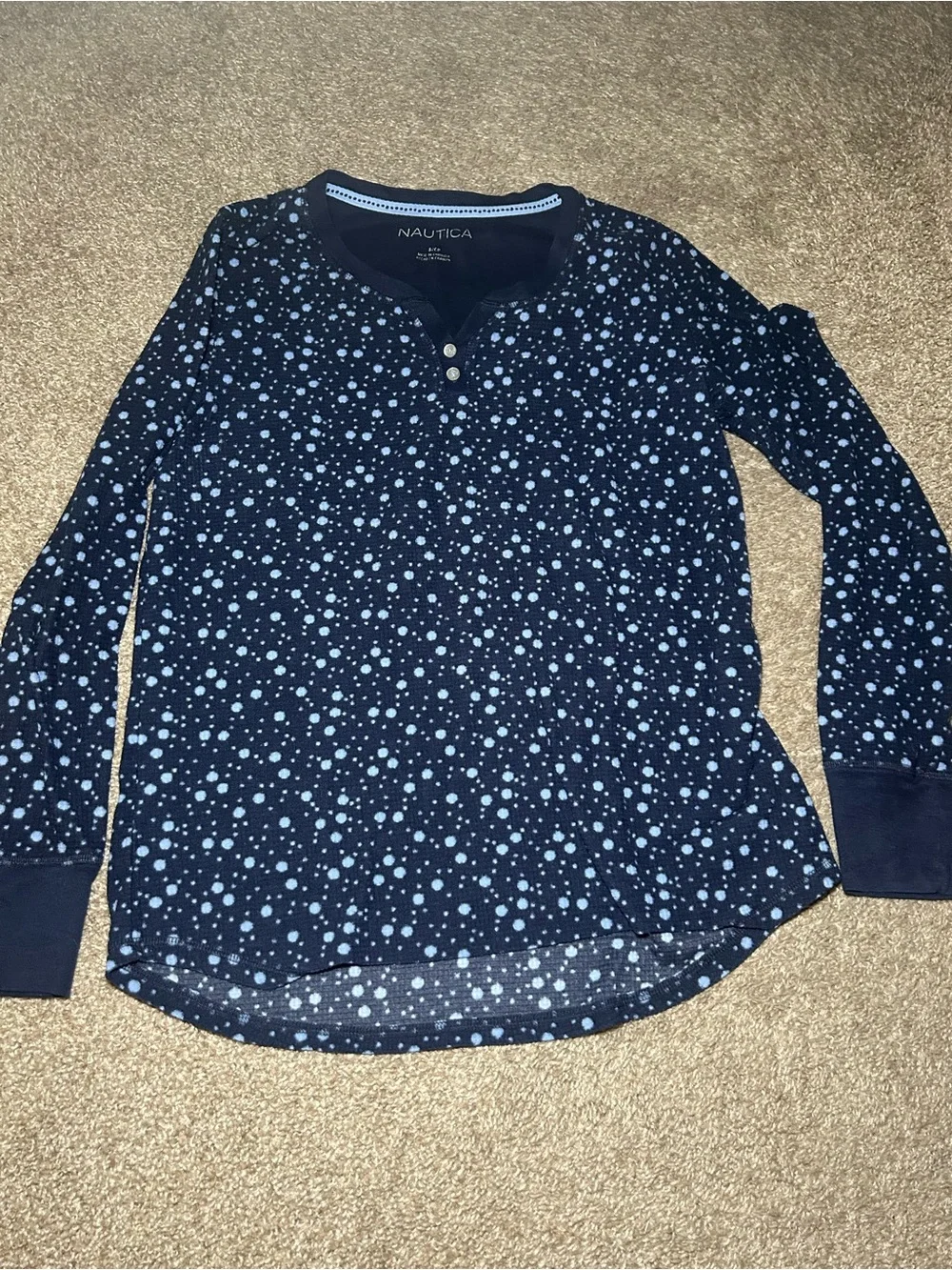 Nautica Womens Navy Blue Dot-Print Long Sleeve Pant Pajama Set Warm Cozy Relaxed